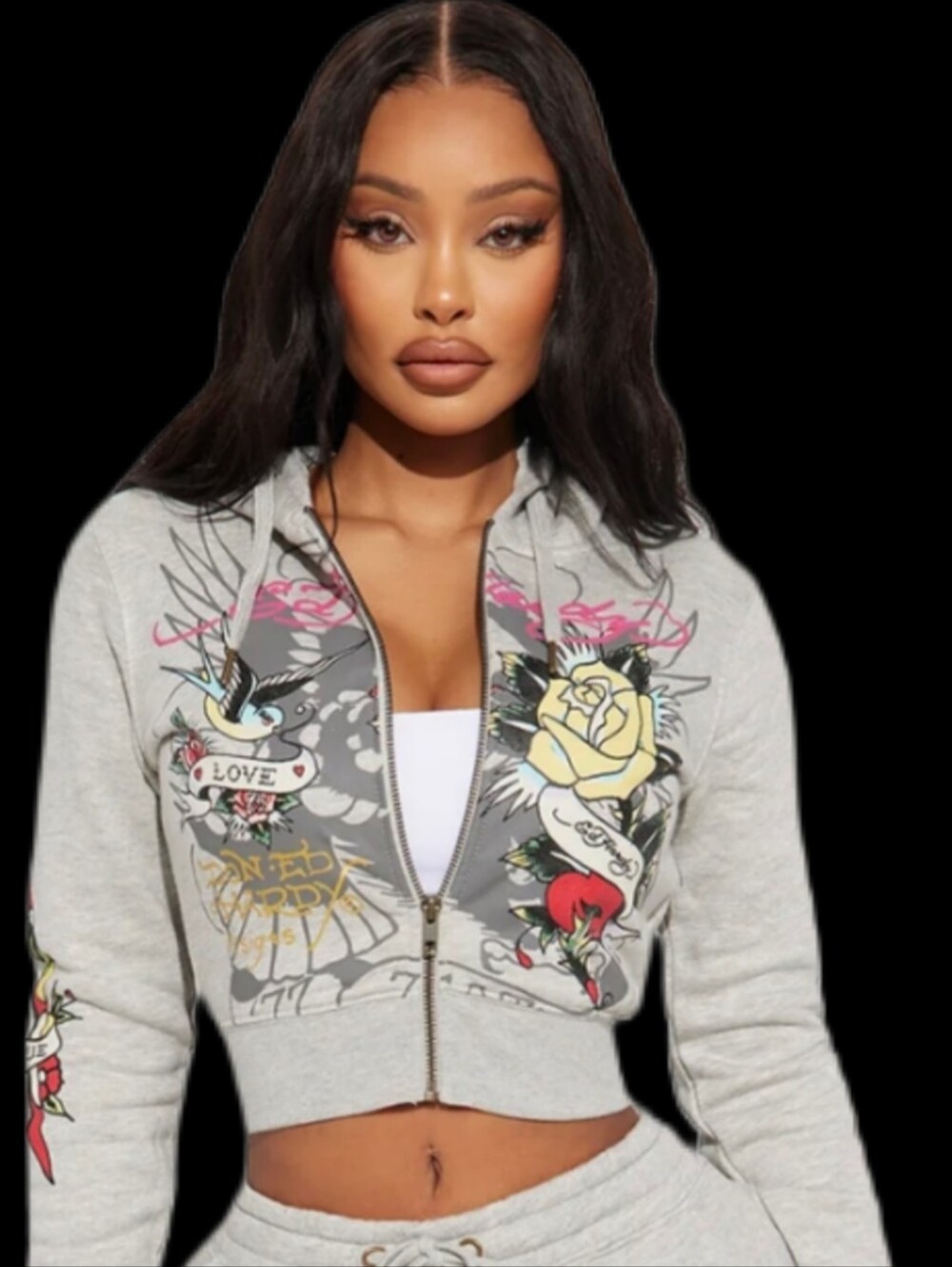 ED HARDY Brave Eagle Front Zip Cropped Hoodie